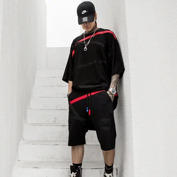 

Men Black White Short Sleeve T-shirt Sets (tshirt+shorts) Male Streetwear Hip Hop Loose Tee Shirts Suits