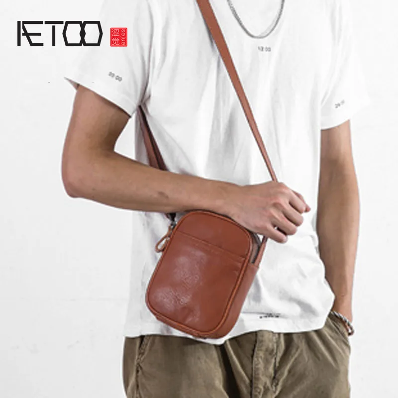 

AETOO Retro Small bag mini men's satchel leather shoulder bag crossbody bag casual head cowhide bag