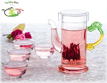 

1x 5in1 Kung fu Tea Set -200ml Dragon-shaped Handle Ear Heat-Resisting Glass Flower Tea Coffe Pot w/ infuser +4 Cup Small Bowl