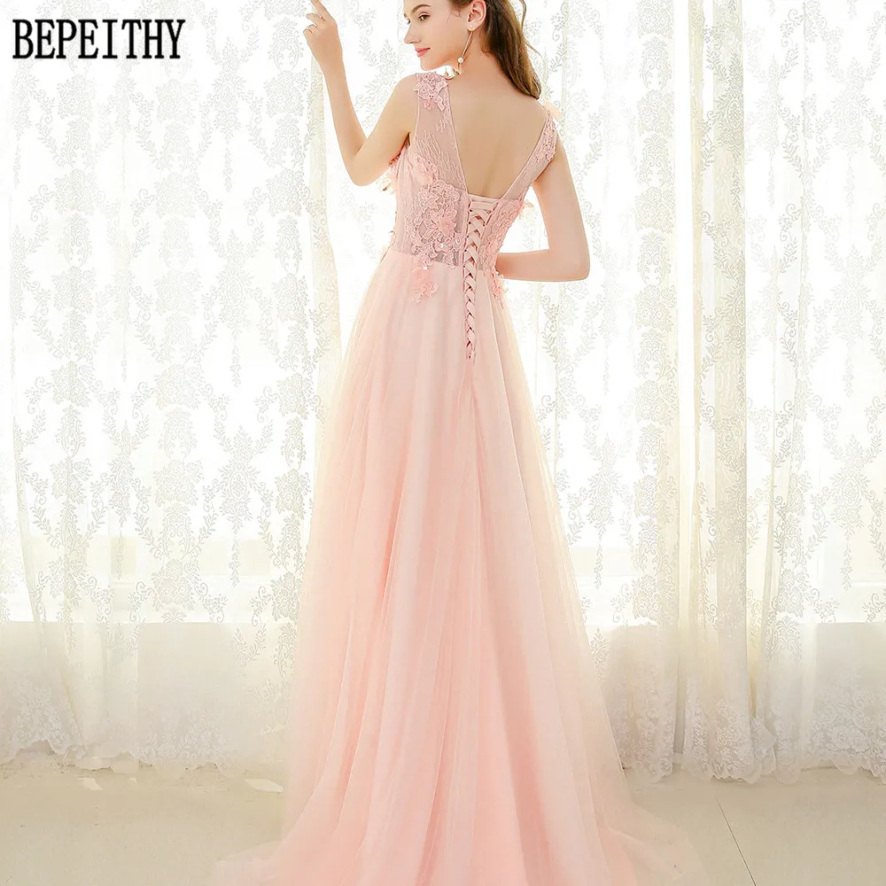 BEPEITHY vestido de festa платье трапециевидной формы из тюля с розовыми кружевными бусинами платье для выпускного вечера с аппликацией длинное вечернее платье