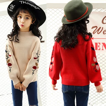 

2017 autumn winter tops sweater kids danger floral turtleneck pullover red