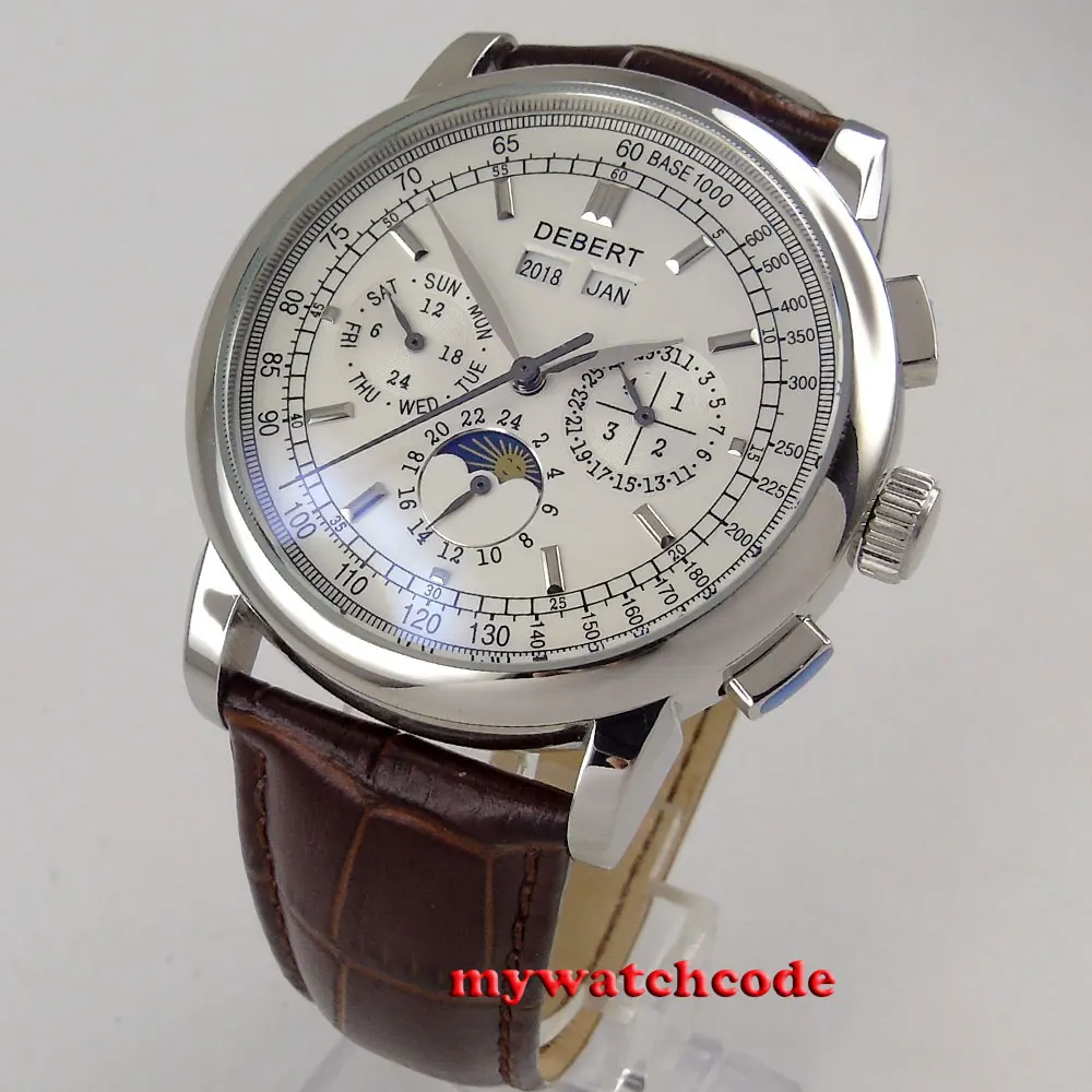 Online Famosa marca 42mm debt blanco dial fecha Día café Correa multifunción automático hombre reloj