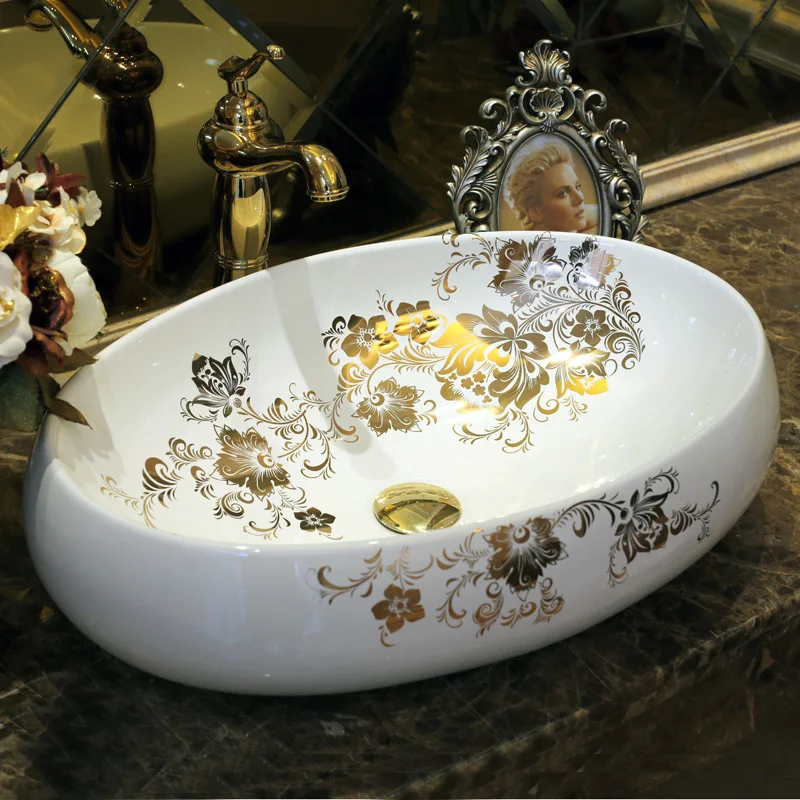 

Oval Shape Europe style chinese wash basin vessel sinks Jingdezhen Art Counter Top ceramic basin sink ceramic washbowl