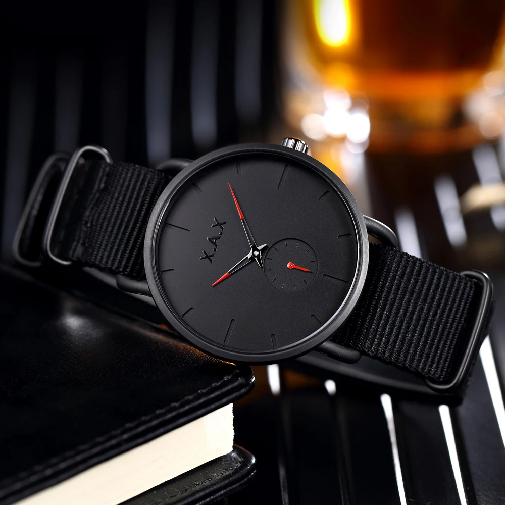 Reloj negro minimalista para hombre. Reloj de cuero negro de gamuza de lujo. Relojes de trabajo de esfera pequeña - 3
