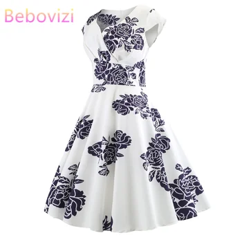 

Bebovizi Summer Casual Party Plus Size Fashion Women 2019 Flower Print Dress Hepburn 50s Vintage V-Neck Sexy Tank Short Dresses