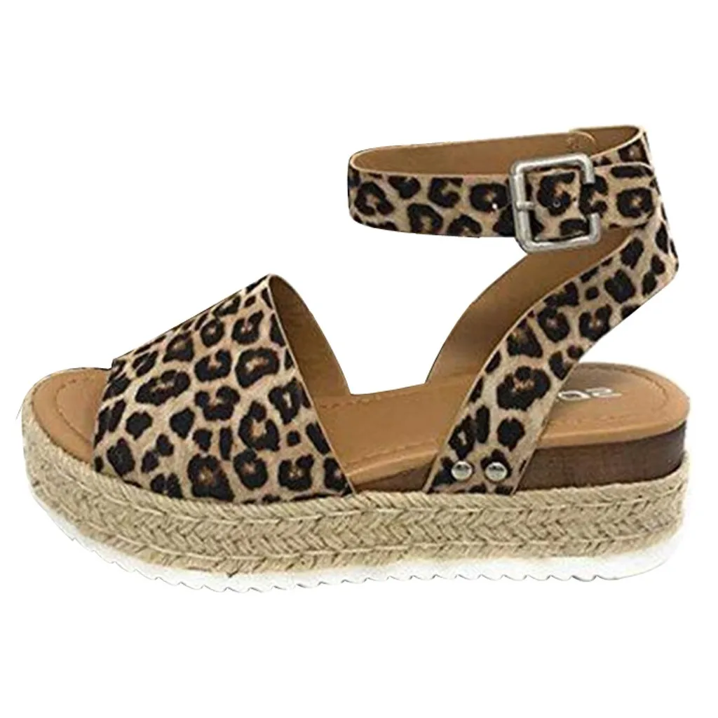 

Women Summer Fashion Sandals Buckle Strap Wedges Leopard Retro Peep Toe Sandals British Wind Wedge Heel for travel Apr 8