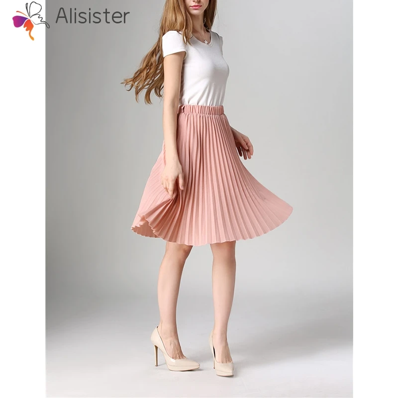 2019 новые летние милые плиссированная шифоновая юбка для женщин Винтаж Высокая талия одноцветное юбки пачки элегантный повседневное миди