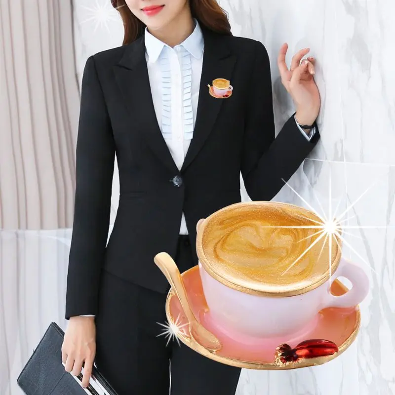 

Coffee Cup Spoon Disc Shape Brooches Gold Color Brooch Pins Women Men Clothes Suit Coat Accessories