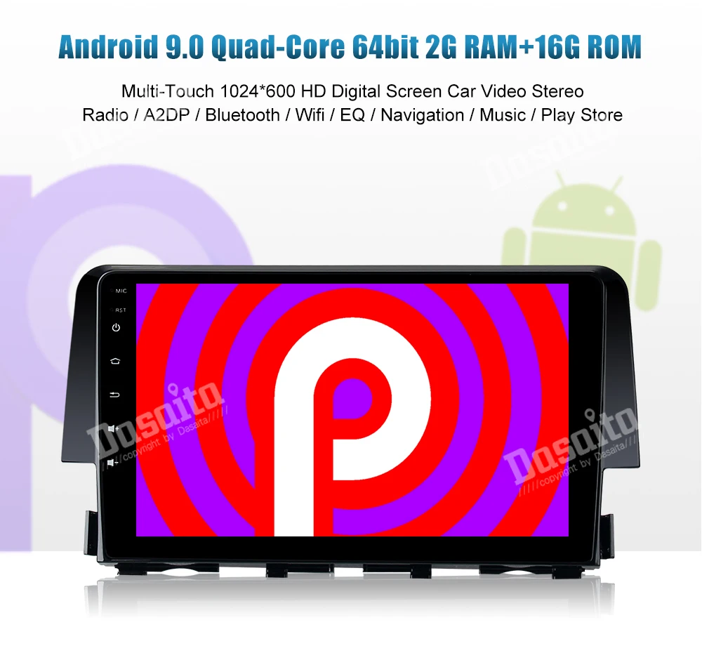 Dasaita " HD цифровой Экран мультимедийный плеер видео 1080 P автомобилей Android 9,0 Встроенный gps для Honda Civic