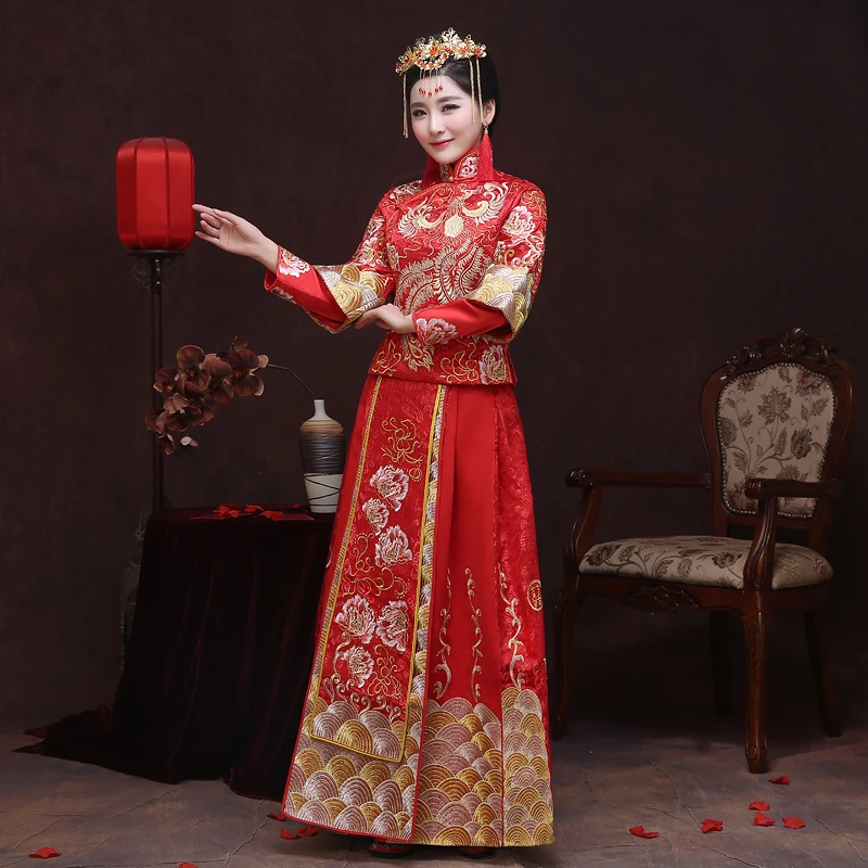 Китай Винтаж cheongsam невесты свадебное платье Дракон платье костюм кимоно наряд красный китайский стиль вечернее платье show Одежда