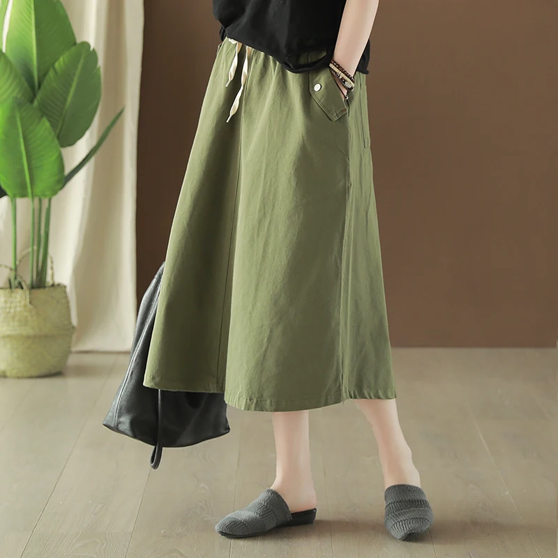 

Johnature Cotton Patchwork Skirts Casual Style 2019 Summer New Casual Cotton Women Vintage A-Line Solid Color Skirts