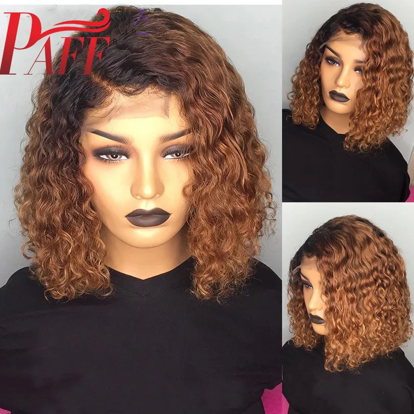  PAFF 13*4 Short Curly Human Hair Wig Ombre Red Lace Frontal Human Hair Burgundy Lace Front Wigs Wit