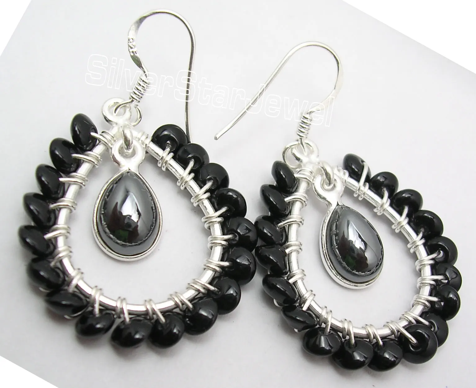 Silver HEMATITE & BLACK ONYX Beads Earrings 4.5CMbeaded earringsblack
