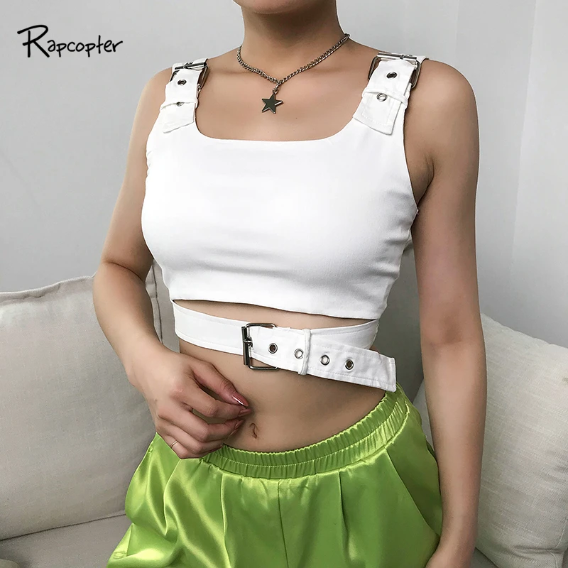 

Rapcopter Punk Harajuku WhiteT-shirt Women High Street Sleeveless Crop Top Femme Casual Korean Pop Short Tee Shirt Summer 2019
