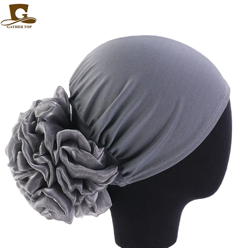 Большой цветок для женщин тюрбан шляпа мусульманский платок ворс шапка для женщин мягкий удобный хиджаб колпачки исламские Шляпы для химиотерапии - Цвет: gray