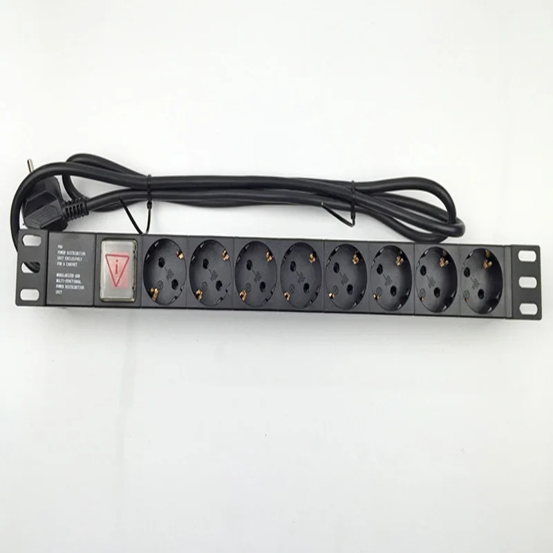 16A 250V Aluminum Case AC 8 jacks 1U Germany EU PDU Outlet IEC Power Cord Socket illuminated ON OFF Switch With 2.M Wire 2500w 4 outlet ac electric power bar strip w individual switch led indicator ac 250v 3m cord