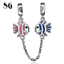 SG New 100% 925 Sterling Silver Pink & Blue Enamel Fish for Safety Chain Stopper Beads Fit Charm Bracelet for Women Fine Jewelry bamoer 100% 925 sterling silver purple enamel daisy flower safety chain stopper charm fit charm bracelet diy jewelry scc602