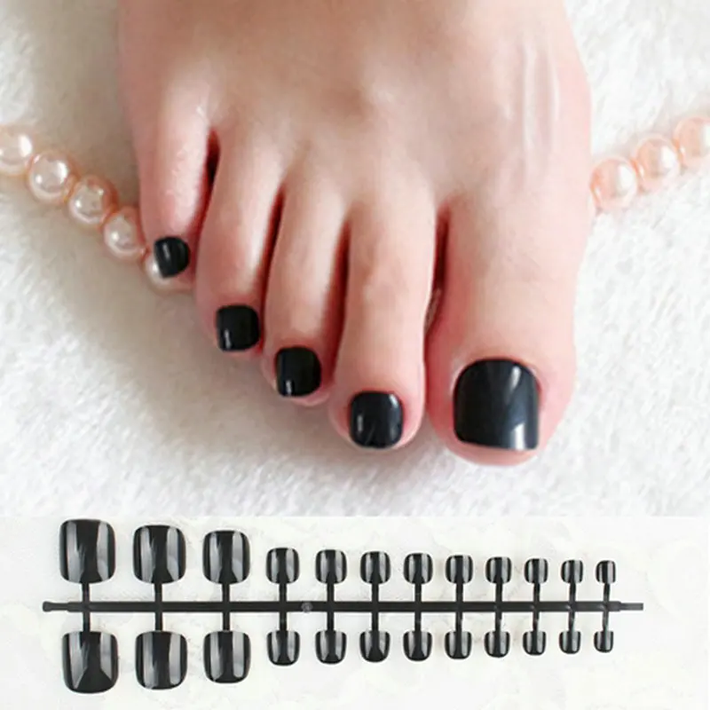 Classic Black Press On Nails Feet Square Glossy Short Fake Toe Nails