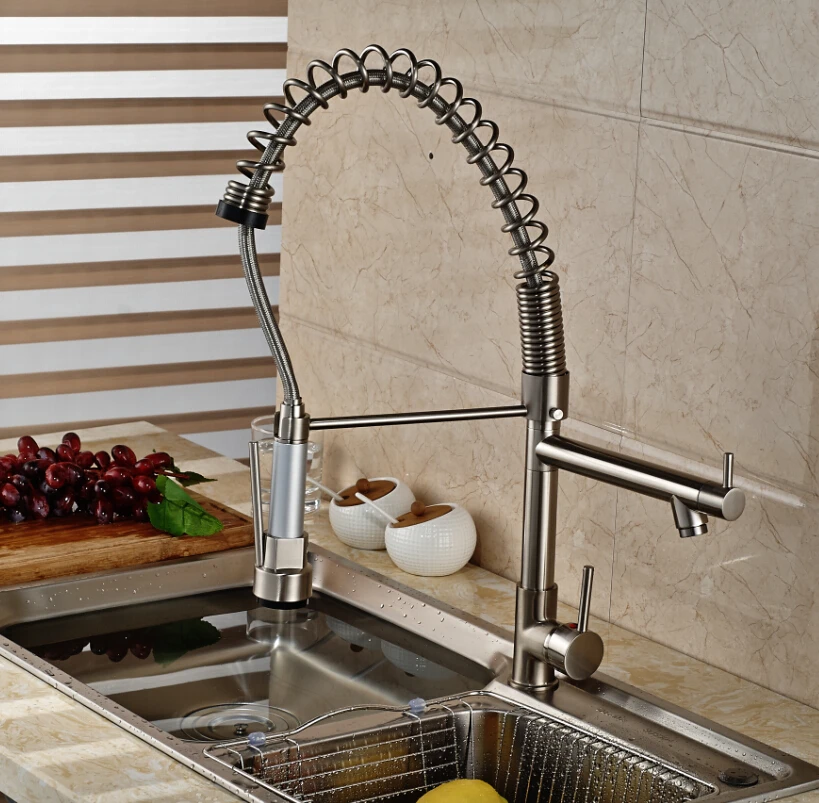 

Deck Mounted Single Hole Swivel Spout Kitchen Sink Faucet stretch Mixer Taps Brushed Nickel