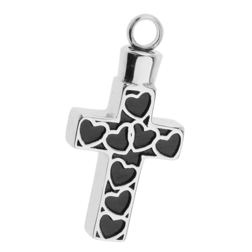 Cross Shape with Heart Pattern Stainless Steel Cremation Keepsake Pet Ash Urn Holder Pendant