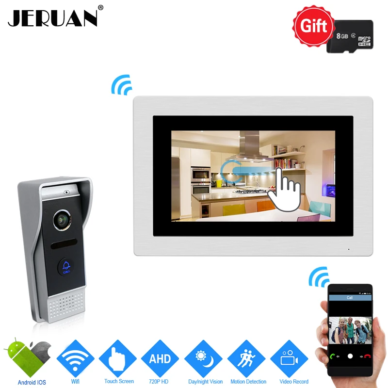 buy JERUAN 720P AHD IP WIFI 7`` Touch Screen Video Door Phone Intercom System Record Monitor + 110 degree Camera Support Android IOS