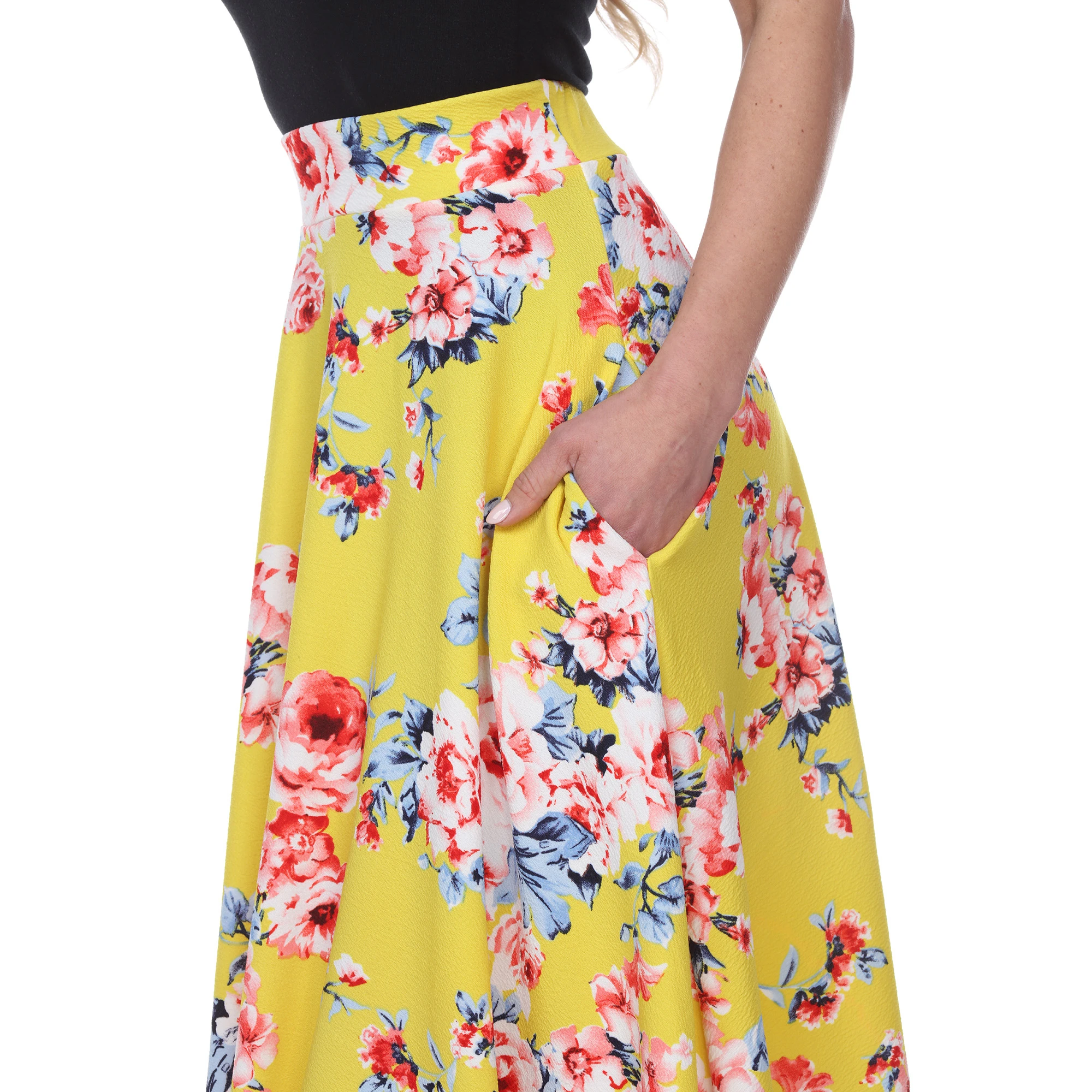 Floral Midi Skirt with Pockets - Yellow (3)
