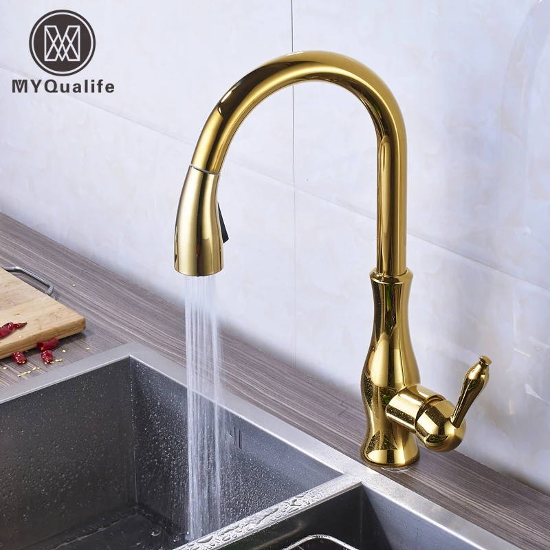 Luxury Golden Bathroom Kitchen Pull out Faucet Deck Mounted One Hole Swivel Rotate Kitchen Mixers with Hot and Cold Water