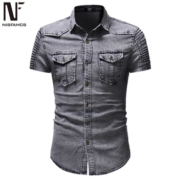 

2020 Summer Male Denim Shirt Short Sleeve 3XL Boys Slim Tops Punk Style Europe Man Denim Blouse Solid Color Double Pockets Blusa