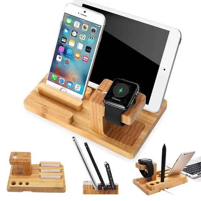 3in1 Wood Charging Station Wooden Dock Bamboo Stand Desk Holder for