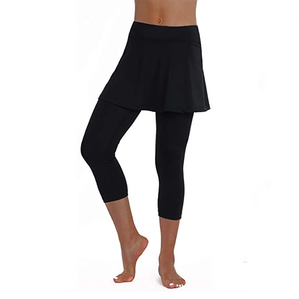 

Women Leggings with Skirt Solid Slim Elastic Sportswear Trousers Pants Fashion Workout Fitness Cropped Culottes Trouser Legin#5$