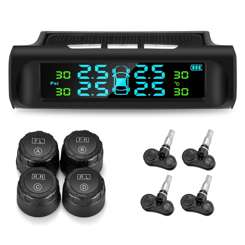 

Solar Car Tire Pressure Monitoring System Solar USB Charging TPMS LCD Display Auto Alarm System 4 External Internal Sensors