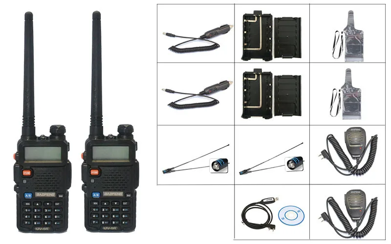 

2 PCS BaoFeng UV-5R Walkie Talkie+2X mic+2XNA 771-F natenna+1Xprogramming cable+2Xwaterproof case+2X battery case+2X car charger
