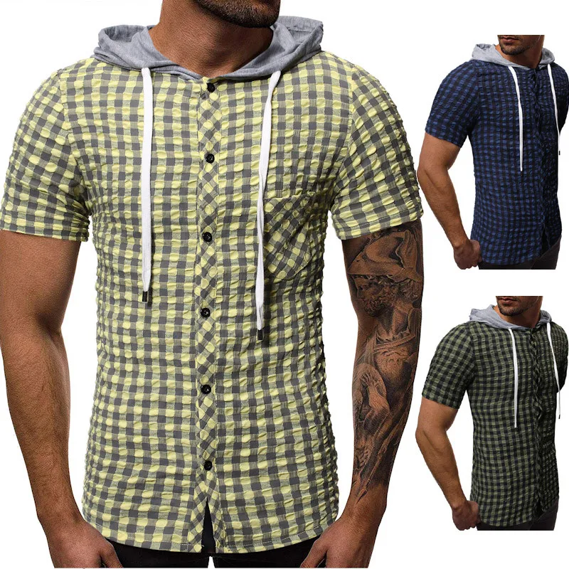 HuLooXuJi Новое поступление, мужские летние клетчатые рубашки с капюшоном Новые с коротким рукавом дышащие рабочие повседневные платья