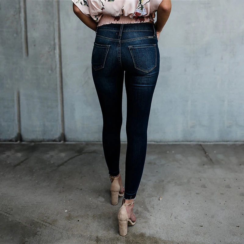 2019 new Classic Distressed Jeans Women Mid Waist Stretchy Ripped True Denim Pants Skinny Pencil Jeans Woman C0990