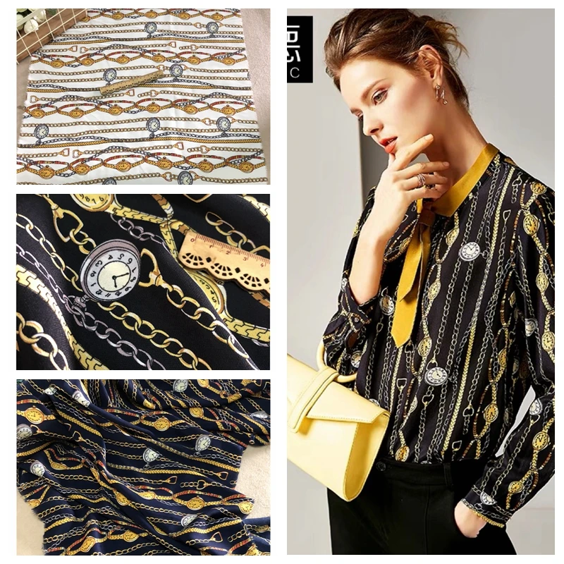 

2019 retro European and American watch chain pattern printing clothing fabric soft drape dress polyester chiffon print cloth