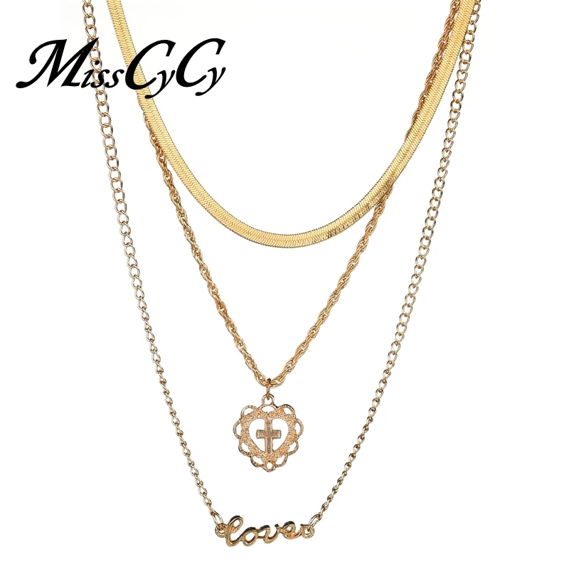 

MissCyCy Bohemian Multilayer Letters Love Cross Pendant Necklace for Women Vintage Charms Choker Necklace Collar Jewelry Gift