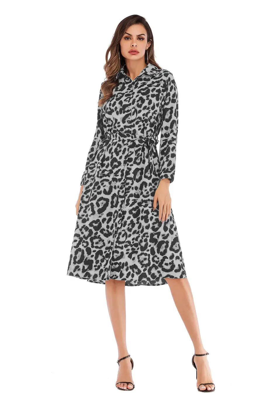 Gladiolus Chiffon Spring Dress Women 34 Sleeve Turn-Down Collar Leopard Print Belt Women Shirt Dress 2019 Autumn Sexy Dresses (14)
