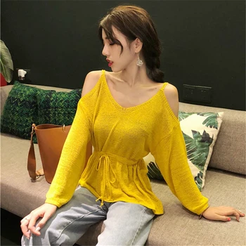 

Lychee Girls Sexy Off Shoulder Sash Knitted Blouse Shirt V-neck Long Sleeve Women Blouse Summer Autumn Solid Color Female Shirt