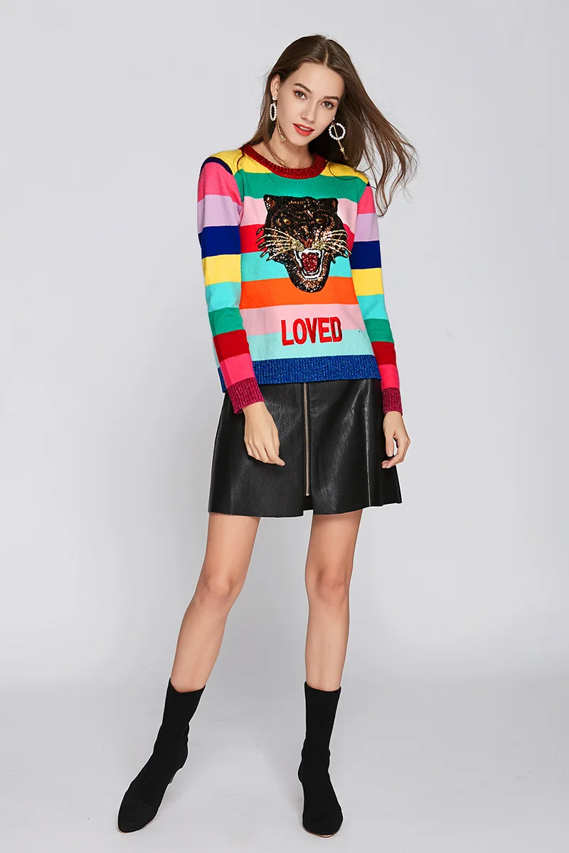 Winter Sequins Tiger Sweaters Women Rainbow Color Striped Pullovers Slim Fit Fashion Streetwear Pull Jumper Femme Clothing