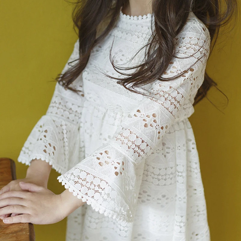 

2019 Kids Spring Dress for Girls 4 6 8 10 to 12 14 Years Long Sleeve New White Lace Dresses Big Girls Teens Casual Clothes 8B2A