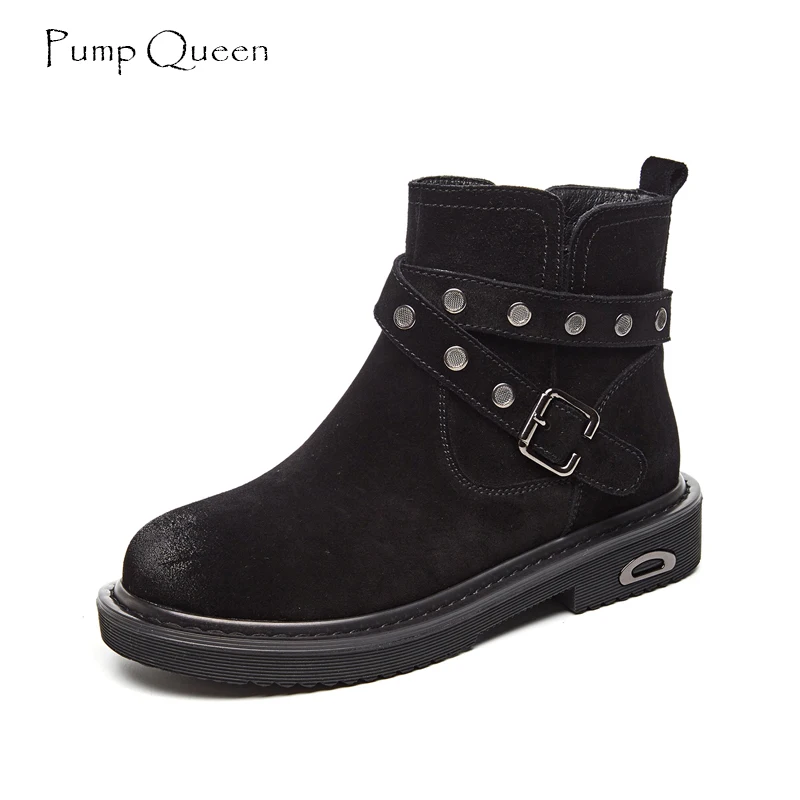 

PumpQueen Casual Boots Women Ankle Boots Genuine Leather 2018 New Autumn Early Winter Women's Boots Slip On Buckle Solid Female