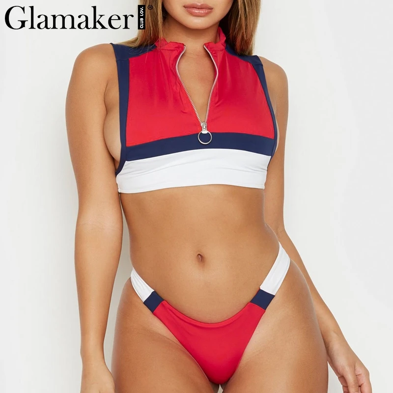 Glamaker Sport swimsuit thong women bathing suit Zipper bathers red high cut swimwear Brazilian two-piece suits bikini swimwear
