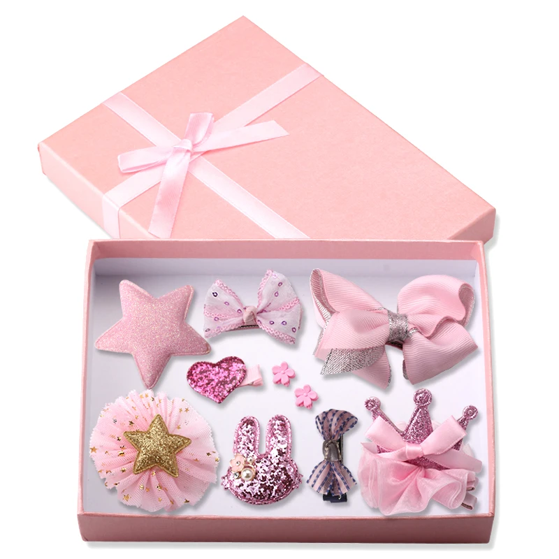 

M MISM 1Box Set=10PCS Girls Sequin Tiara Star Love Flower Bowknot Hair Clips Ribbon Yarn Rabbit Lovely Headwear Hair Accessories
