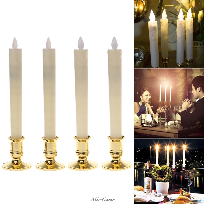 2Pcs Electric Flickering Flameless Led Candle Lights With 2 Removable Gold Bases