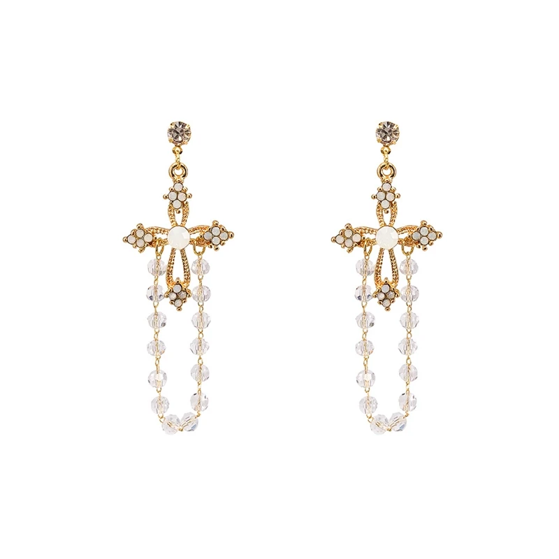 

Vintage Baroque Teardrop Crystal Inlay Cross Chain Earrings Long Tassel Stud Earrings