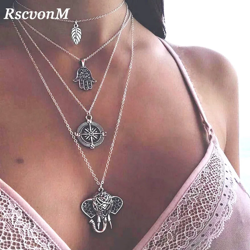 

RscvonM 2018 New Vintage Silver Metal OM Elephant Moon Pendant Choker Collar Necklace Women Boho Multilayers Chocker Necklaces