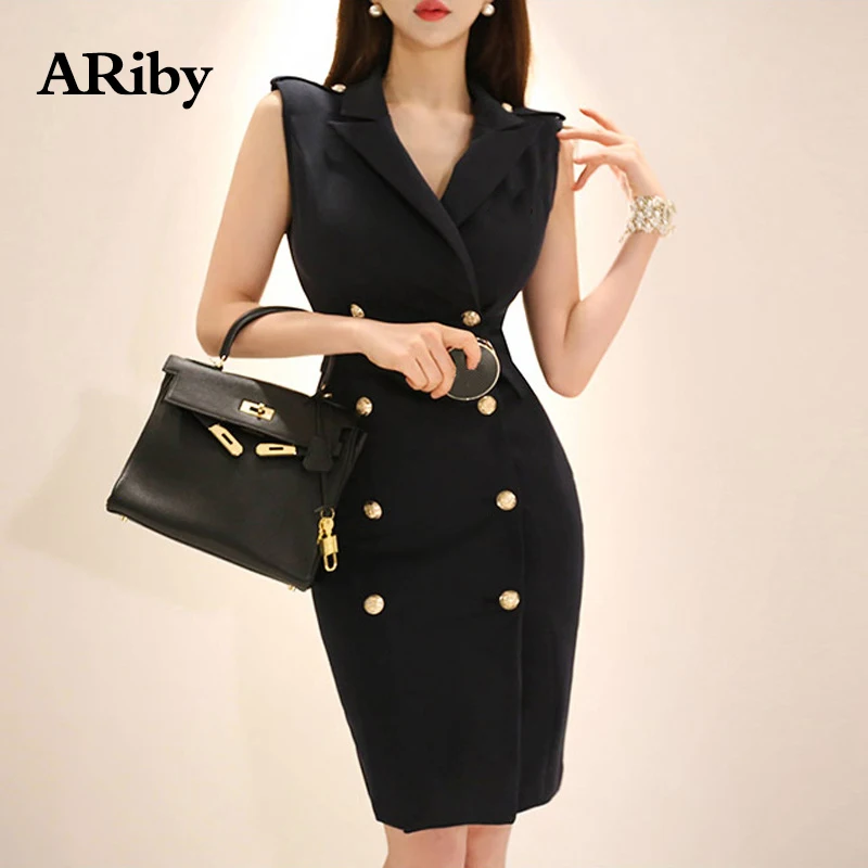 

Dress Women Party Black Bodycon Dress 2019 Summer New Elegant Double-breasted Solid Suit Collar Bag Buttock Sashes Slim Dress