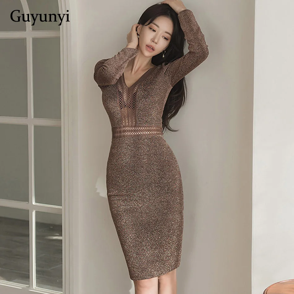 Guyunyi Весенняя мода с треугольным вырезом на шее Hollow Out сетки шить Офисные женские туфли обтягивающее платье элегантные пикантные вечерние платье-футляр - Цвет: CX140702