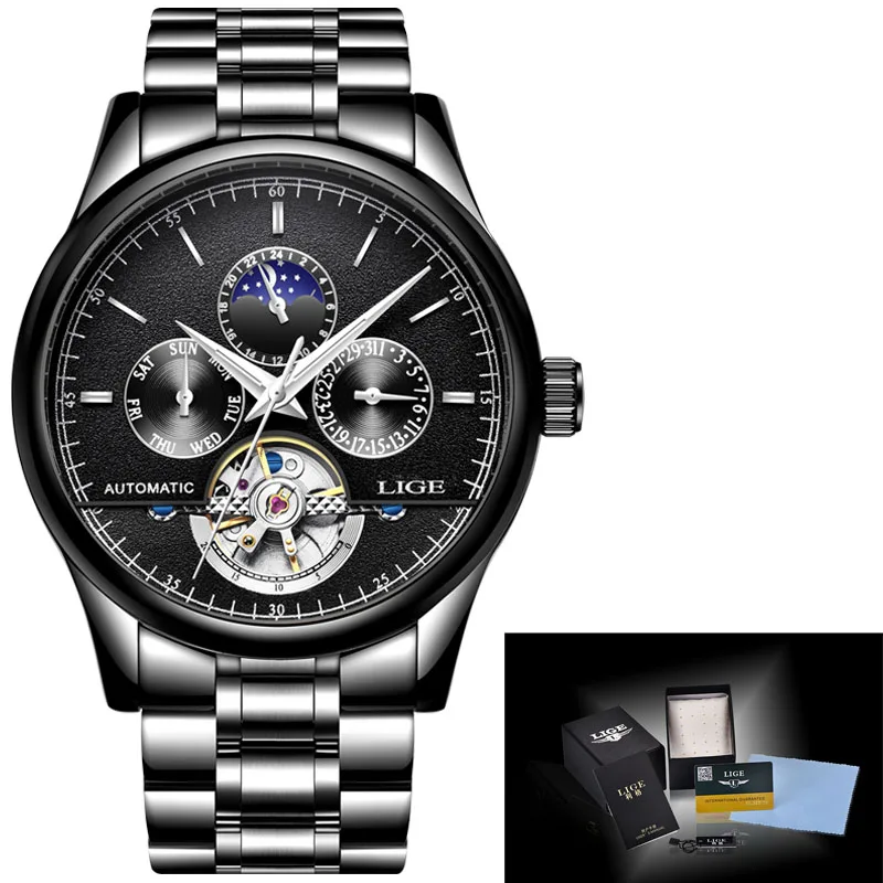 LIGE Брендовые мужские часы автоматические механические часы Tourbillon спортивные часы кожаные повседневные деловые часы в ретро-стиле Relojes Hombre - Цвет: Black white S