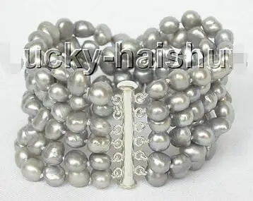 

Free Shipping >> new hot 8" 6row 9mm baroque Gray pearls bracelet bangle magnet clasp j8830